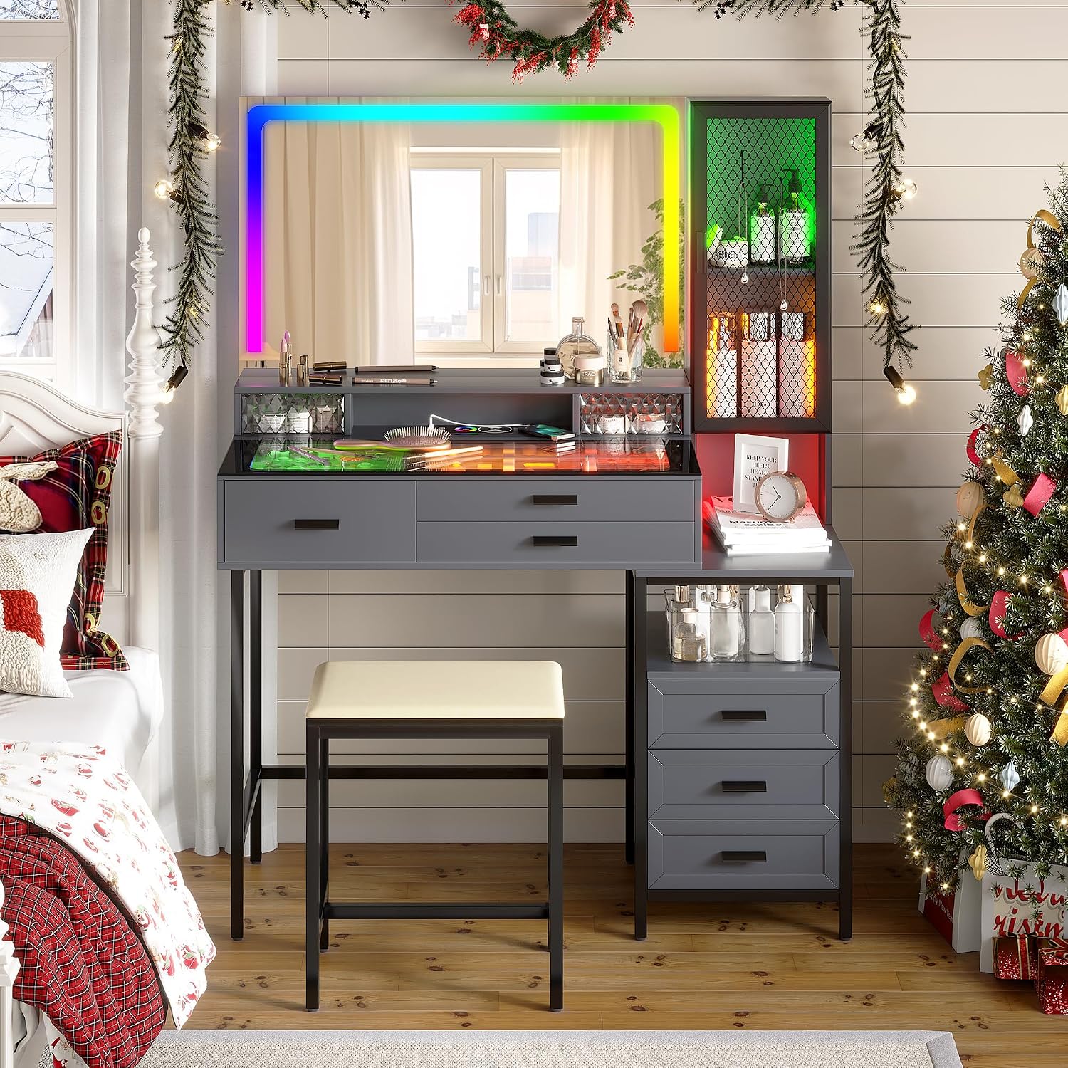 Makeup Vanity Desk with Large Mirror, Glass Top Vanity Table Set with RGB 24 Color Dimmable Lights, Dressing Table with 6 Drawers and Cushioned Stool (Grey)