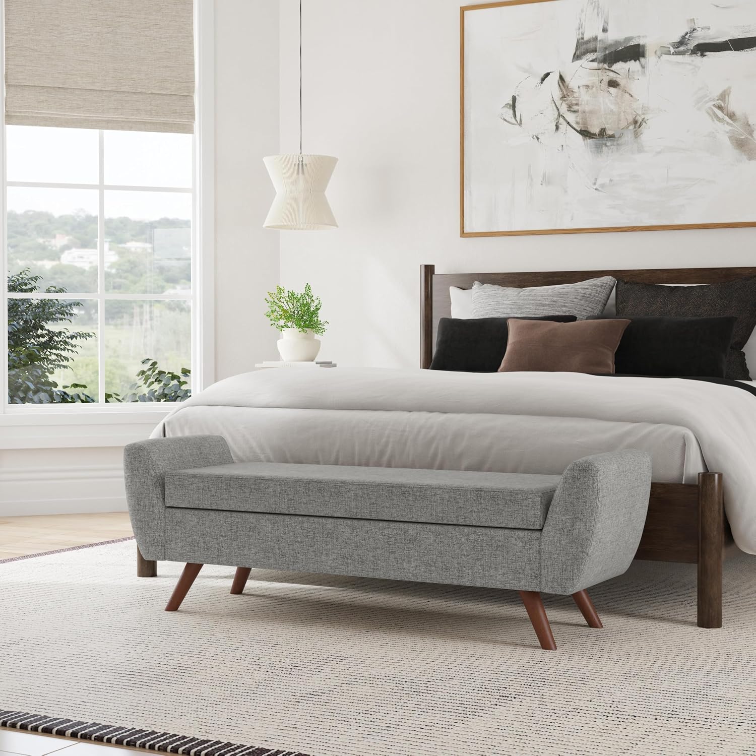 HomePop Modern Storage Bench with Wood Legs |Homepop Home Décor|Bench with Storage for Living Room & Bedroom - Gray Woven