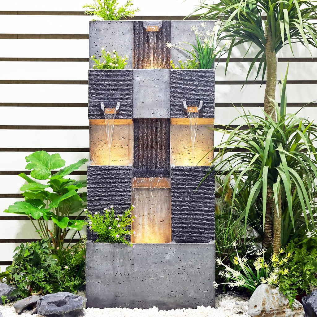Bumilgar 44.8' H Modern Outdoor Water Fountain with LED Lights and Pump, Mutiply-Tier Standing Cascading Waterfall - Modern Design for Garden,Patio,Yard, Multi-Level Outdoor Decor (Gray)