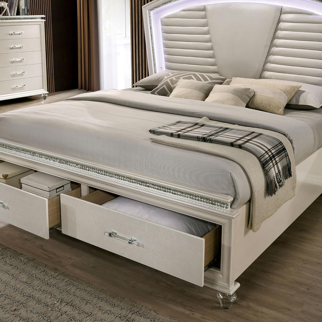 HOMES: Inside + Out Bevill Wood 2-Piece Bedroom Set, King Size Platform Bed with LED Light, Upholstered Headboard and 2-Drawer Nightstand, No Box Spring Required, Pearl White
