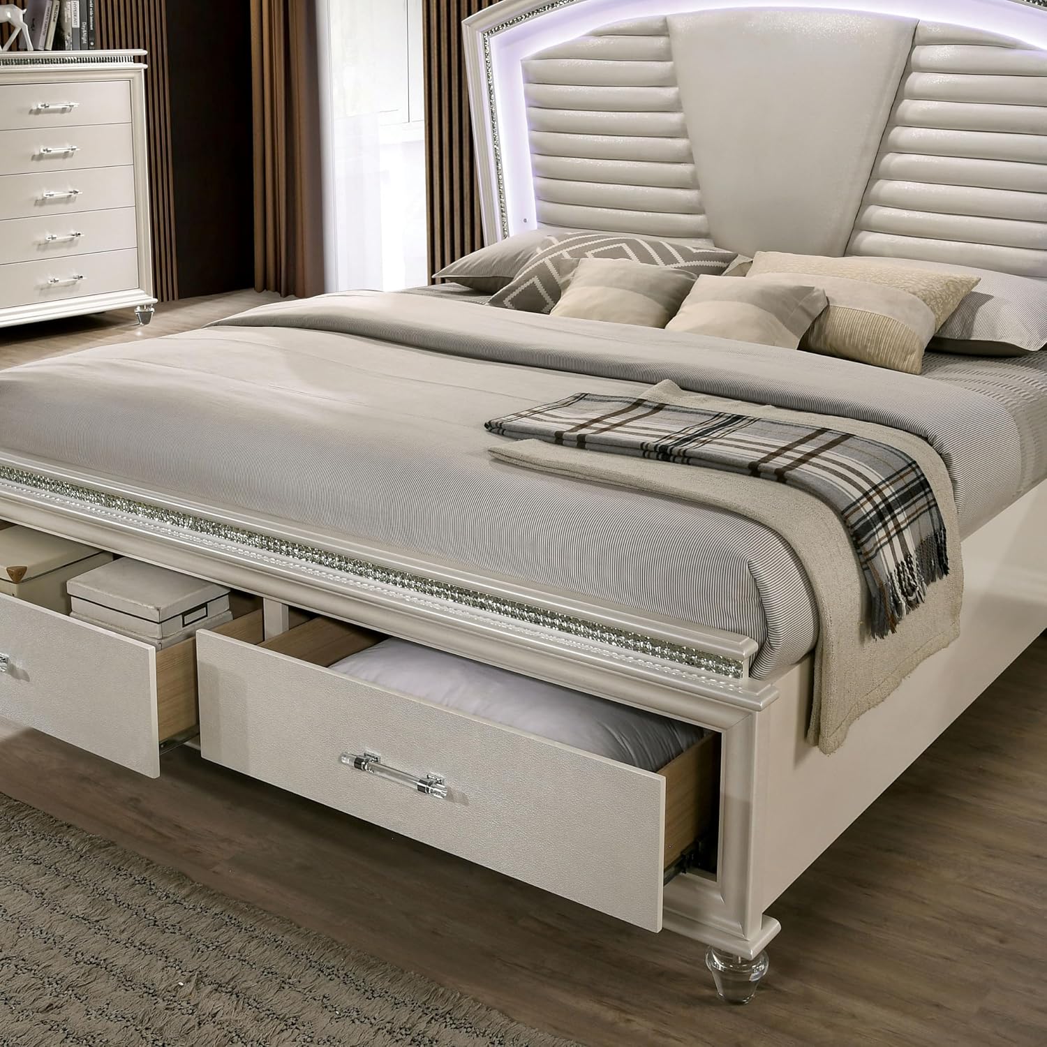 HOMES: Inside + Out Bevill Wood 2-Piece Bedroom Set, King Size Platform Bed with LED Light, Upholstered Headboard and 2-Drawer Nightstand, No Box Spring Required, Pearl White