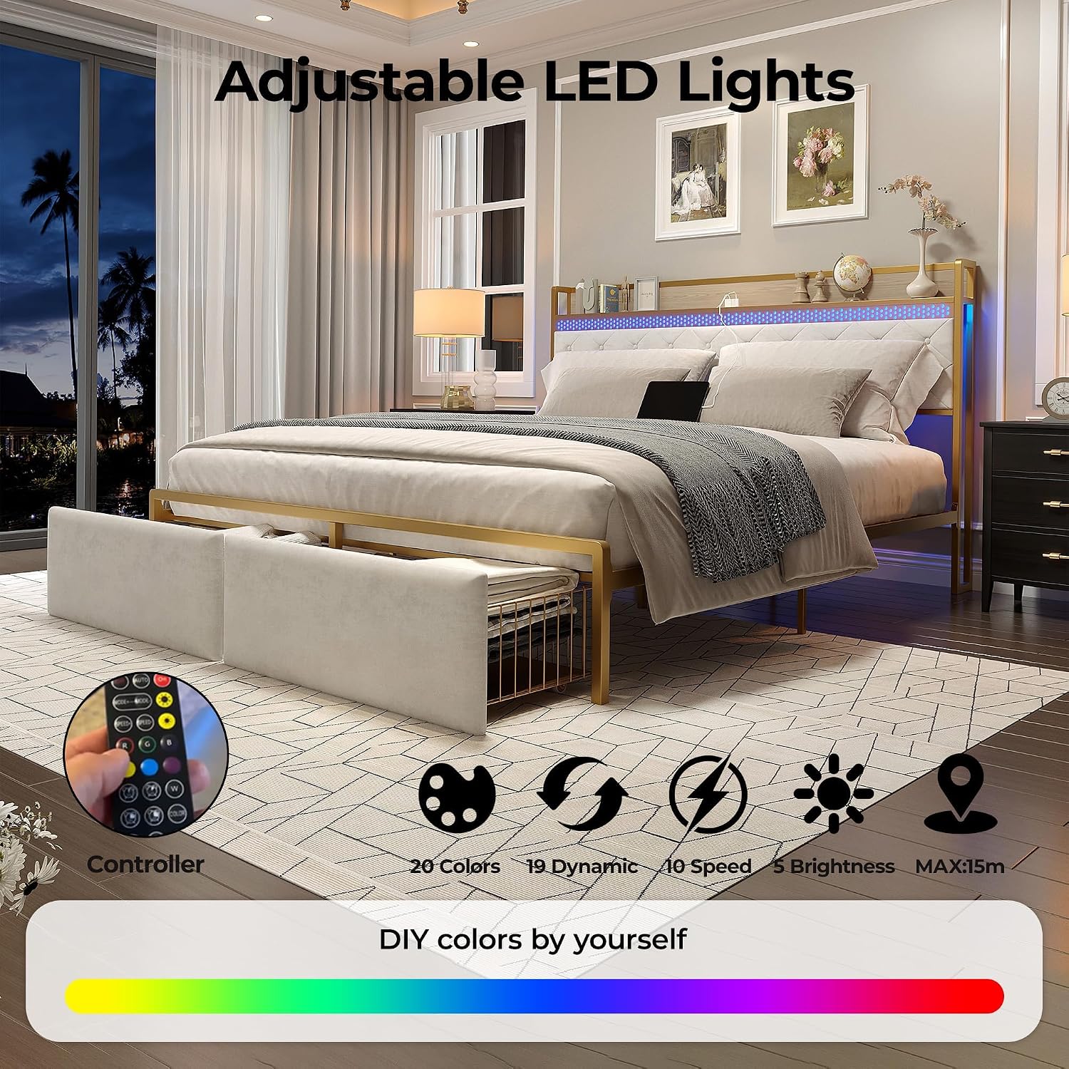 King Bed Frame with Headboard,Upholstered Bed Frame King Size with 2 Drawers,Metal Platform Bed Frame with Charging Station & LED Lights,Noise-Free/Metal Slats Support/No Box Spring Needed