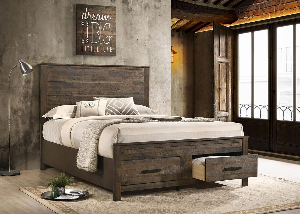 Coaster Home Furnishings - Woodmont - Wood - Queen Panel Bed with Storage Footboard, Block Legs, Horizontal Panel Headboard, and Two Drawers - Bedroom - Rustic Golden Brown - 222631Q