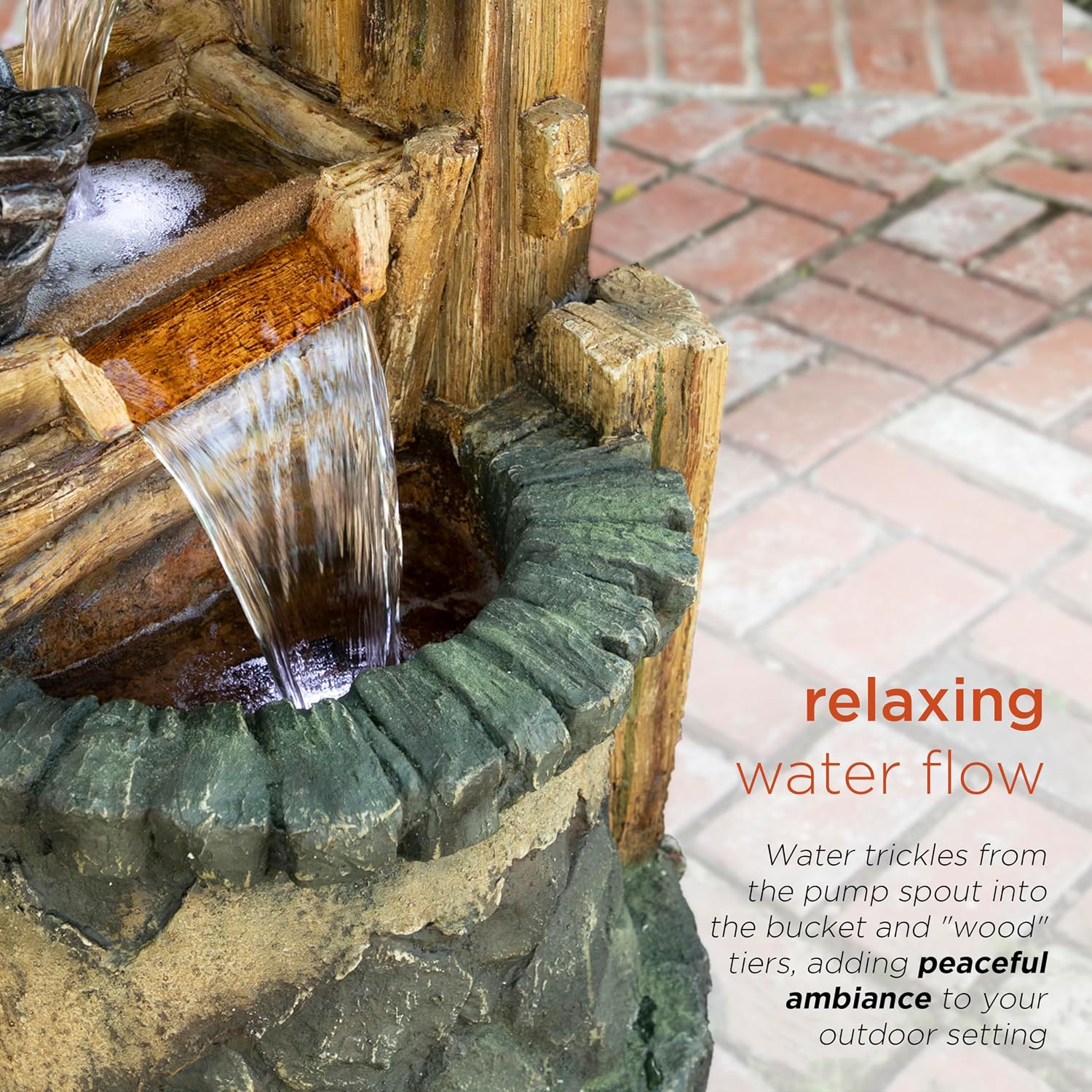 Alpine Corporation TZL128 Outdoor Floor Tiered Rustic Soothing Water Well Garden Waterfall Fountain for Garden, 50', Brown