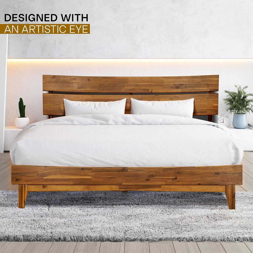 Acacia Aurora Bed Frame with Headboard 100% Solid Wood Platform Bed, Scandinavian Bed Style with All Mattresses, Non-Slip and Noise-Free, 30 Mins Assembly, Queen Size Bed Frame Caramel