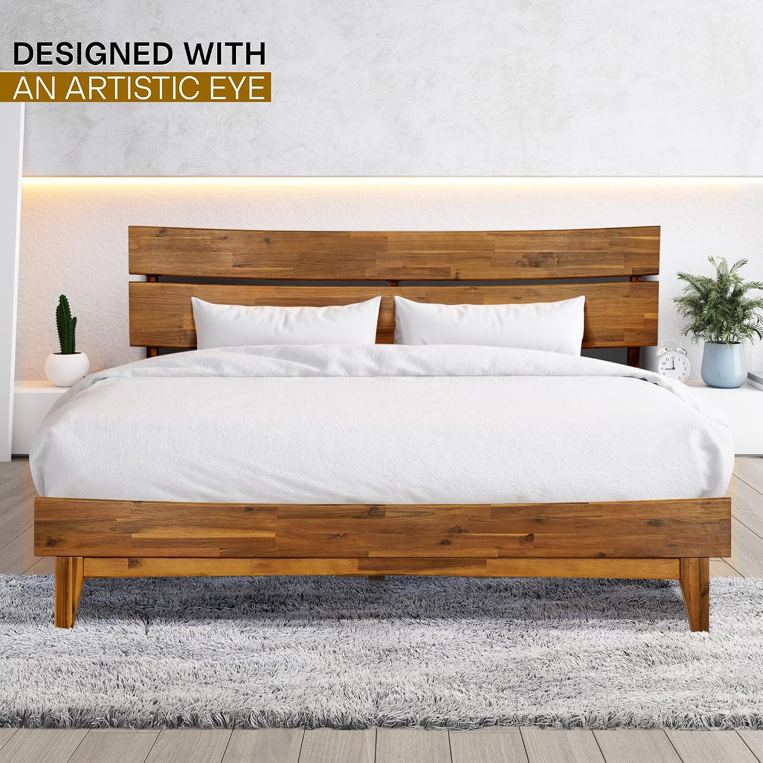 Acacia Aurora Bed Frame with Headboard 100% Solid Wood Platform Bed, Scandinavian Bed Style with All Mattresses, Non-Slip and Noise-Free, 30 Mins Assembly, Queen Size Bed Frame Caramel