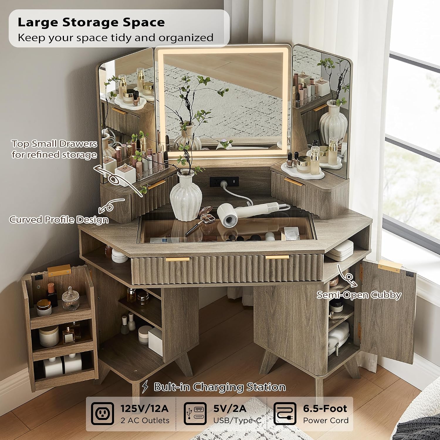 T4TREAM Fluted Makeup Vanity Desk with 3 Way Mirror and Lights, 48' Large Corner Vanity Table with Glass Top, Charging Station, 3 Drawers, Storage Cabinets & Shelves, for Bedroom, Grey Alder