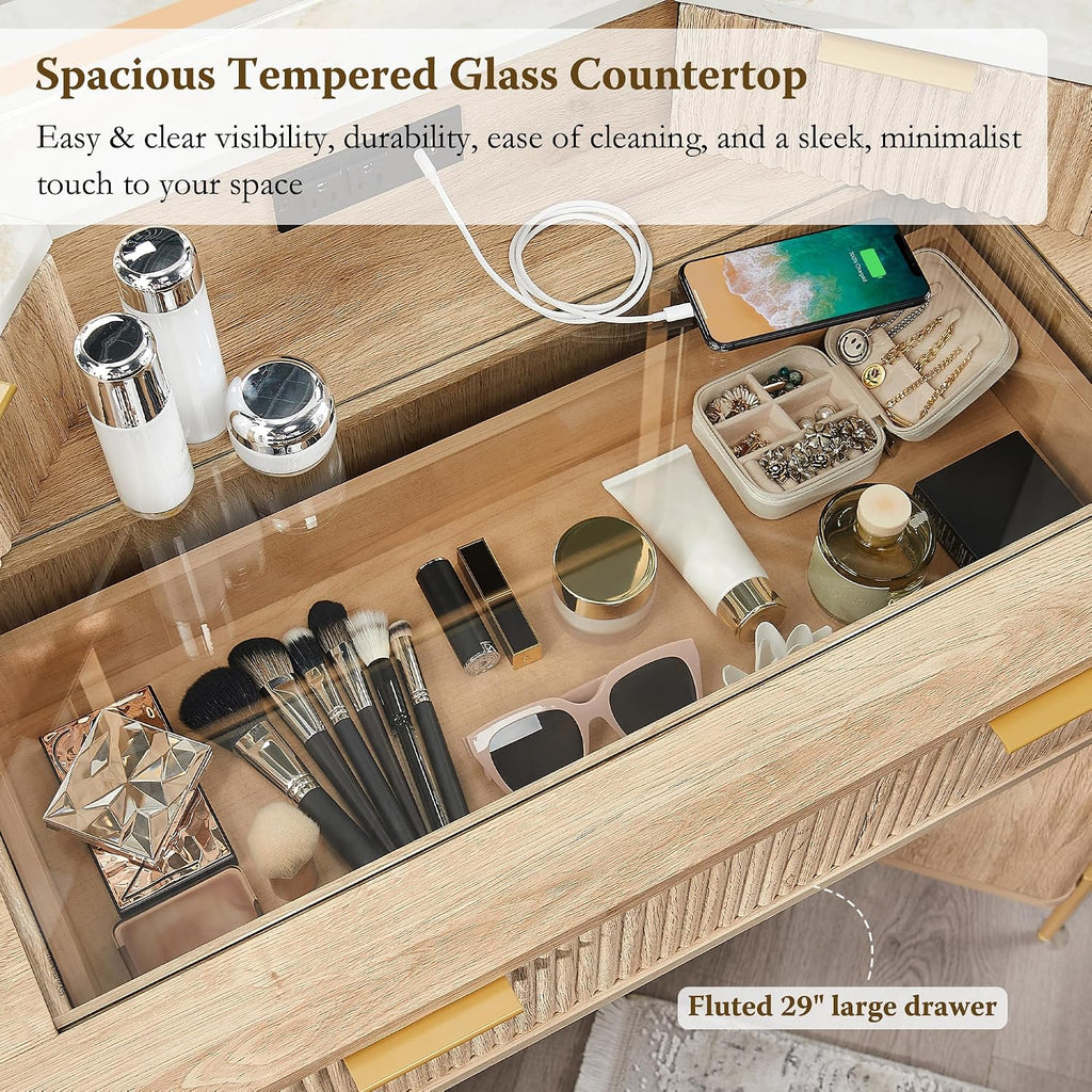 T4TREAM 48' Fluted Makeup Vanity Desk with HD Triple Mirror and Lights, Large Lighted Corner Vanity with Glass Top, Modern Dressing Table with 3 Drawers & 2 Cabinets for Bedroom, Natural Oak