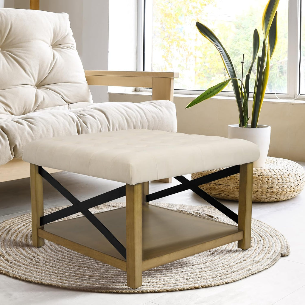 Upholstered Bench with Wood Frame and Shelf, Beige