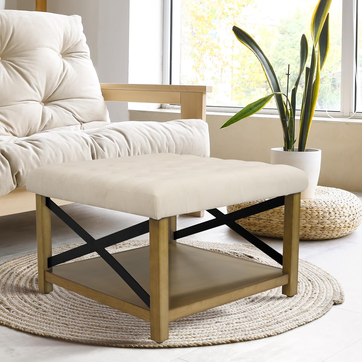 Upholstered Bench with Wood Frame and Shelf, Beige
