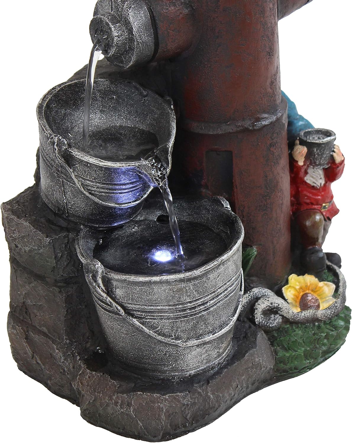 Sunnydaze Fire Hydrant Gnomes 16-Inch Outdoor Water Fountain with LED Light - Submersible Electric Pump - Polyresin