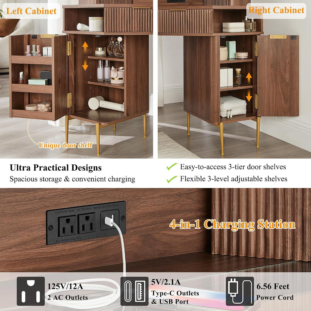 T4TREAM 48' Fluted Makeup Vanity Desk with HD Triple Mirror and Lights, Large Lighted Corner Vanity with Glass Top, Modern Dressing Table with 3 Drawers & 2 Cabinets for Bedroom, Light Walnut