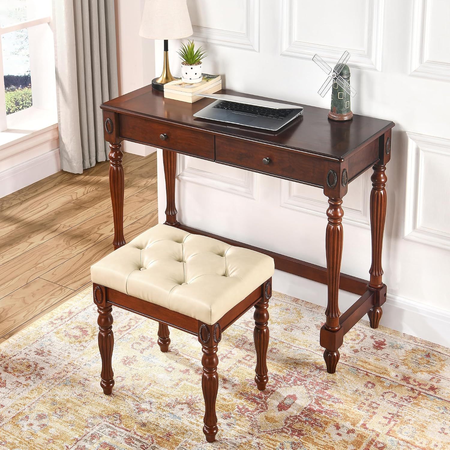 LEEMTORIG Upholstered Shoe Bench, Traditional Victorian Entryway Bench, Button Tufted Faux Leather, Holds Up to 300 lbs, 14x18x19inches, for Entryway Hallway Bedroom, Beige PU, FD-1533-BG