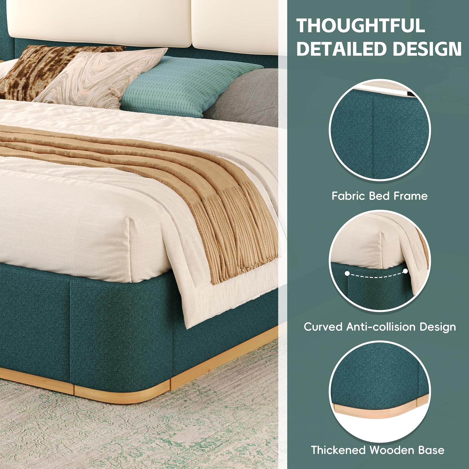 Green Bed Frame with Soft Upholstered Storage Tall Headboard, King Size Floor Platform Bed Frames, Anti-Collision Curved Footboard Bedroom Sets,No Box Spring Needed (Green, King)