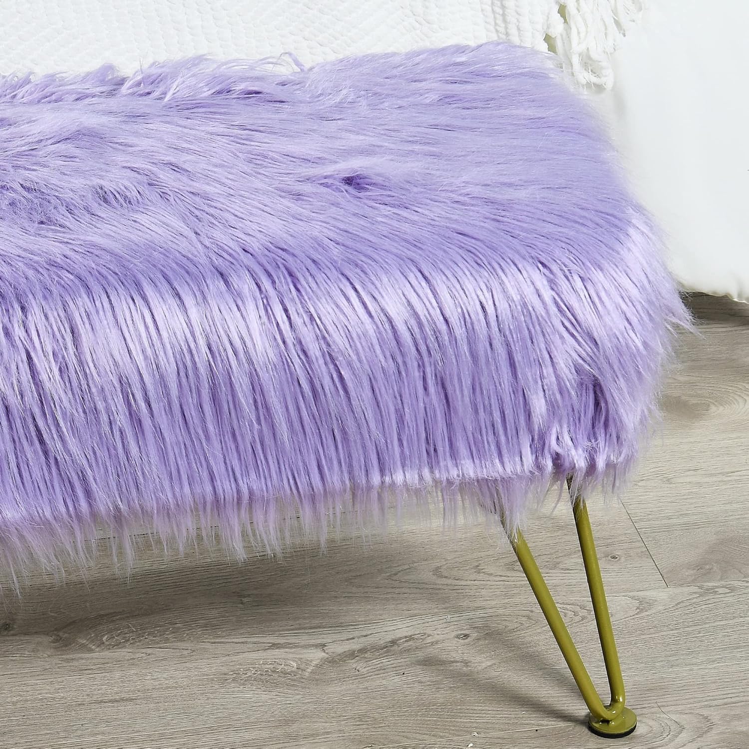 Purple Soft Plush Faux Fur Ottoman Entryway Bench Furry Footrest Stool 46'x16'x17' Sturdy Accent Long Bench for Bedroom End of Bed Vanity Closet Fuzzy Coffee Table for Living Room Gold Legs