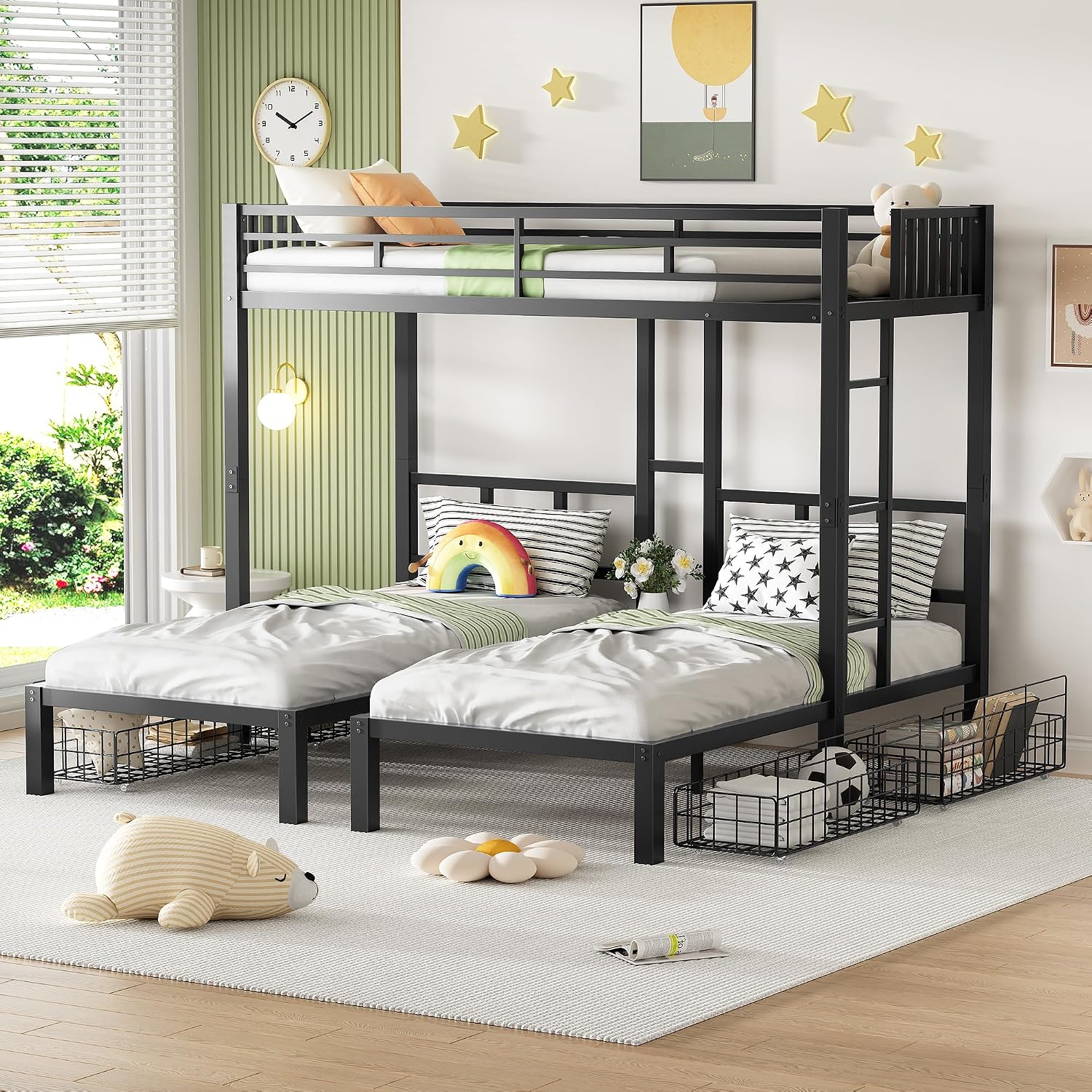 PVWIIK Heavy-Duty Triple Bunk Bed with 2 Storage Drawers & USB Charging Station,LED Triple Bunk Bed Frame with Built-in Ladder & Full-Length Guardrails,Easy to Assemble,Space Saving, Black
