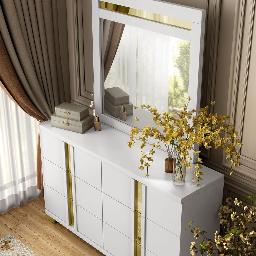 Furniture of America Ansten Modern Wood 6-Piece Platform Bedroom Set with Gold Trim, Underbed LED, Dust Proof Cases, Bracketed Metal Legs, No Box Spring Needed, Twin, White