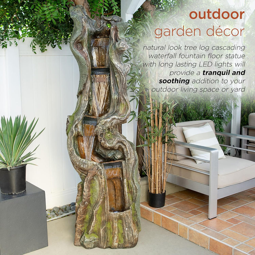 Alpine Corporation TVH156 79' Outdoor Floor Cascading Tree Trunk Water Fountain with LED Lights, Waterfall with Lights, Brown