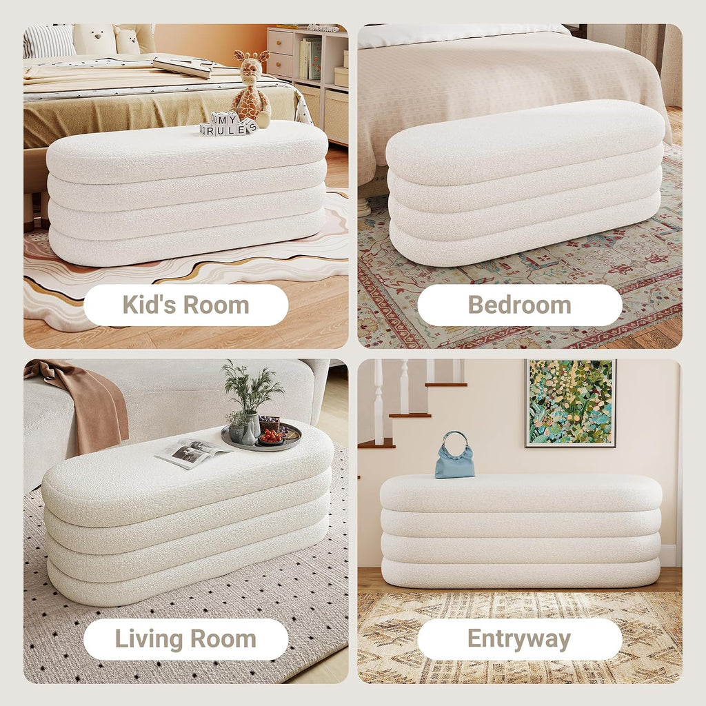 Busaurus Storage Ottoman Bench 49.2 Inch Upholstered Fabric Storage Bench for Bedroom End of Bed Aesthetic Large Oval Ottoman for Living Room Entryway (Ivory)