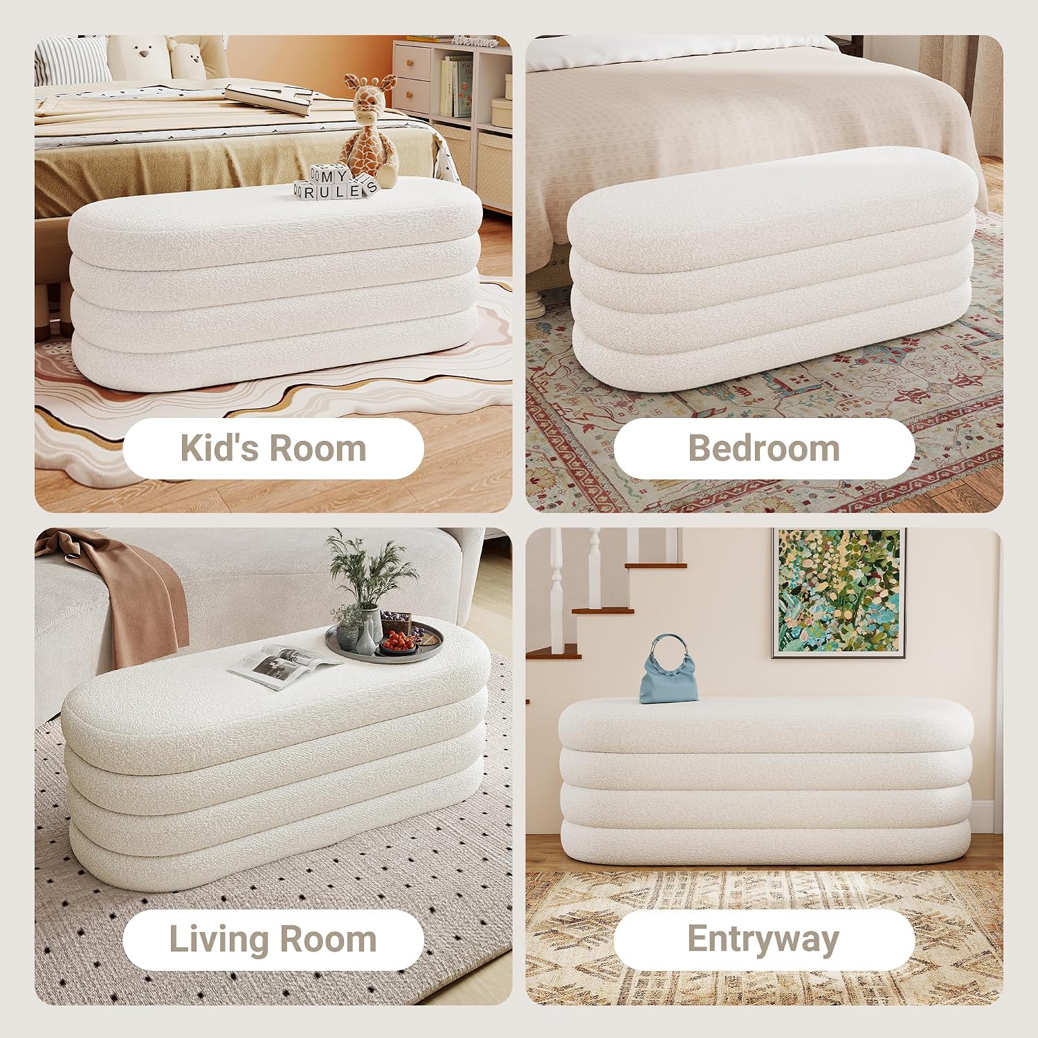 Busaurus Storage Ottoman Bench 49.2 Inch Upholstered Fabric Storage Bench for Bedroom End of Bed Aesthetic Large Oval Ottoman for Living Room Entryway (Ivory)