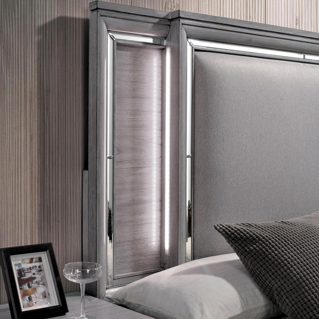 Furniture of America Zenka Solid Wood 2-Piece Bedroom Set, Queen-Size Bed with LED Light Trim and 2-Drawer Nightstand, Box Spring Required, Light Gray