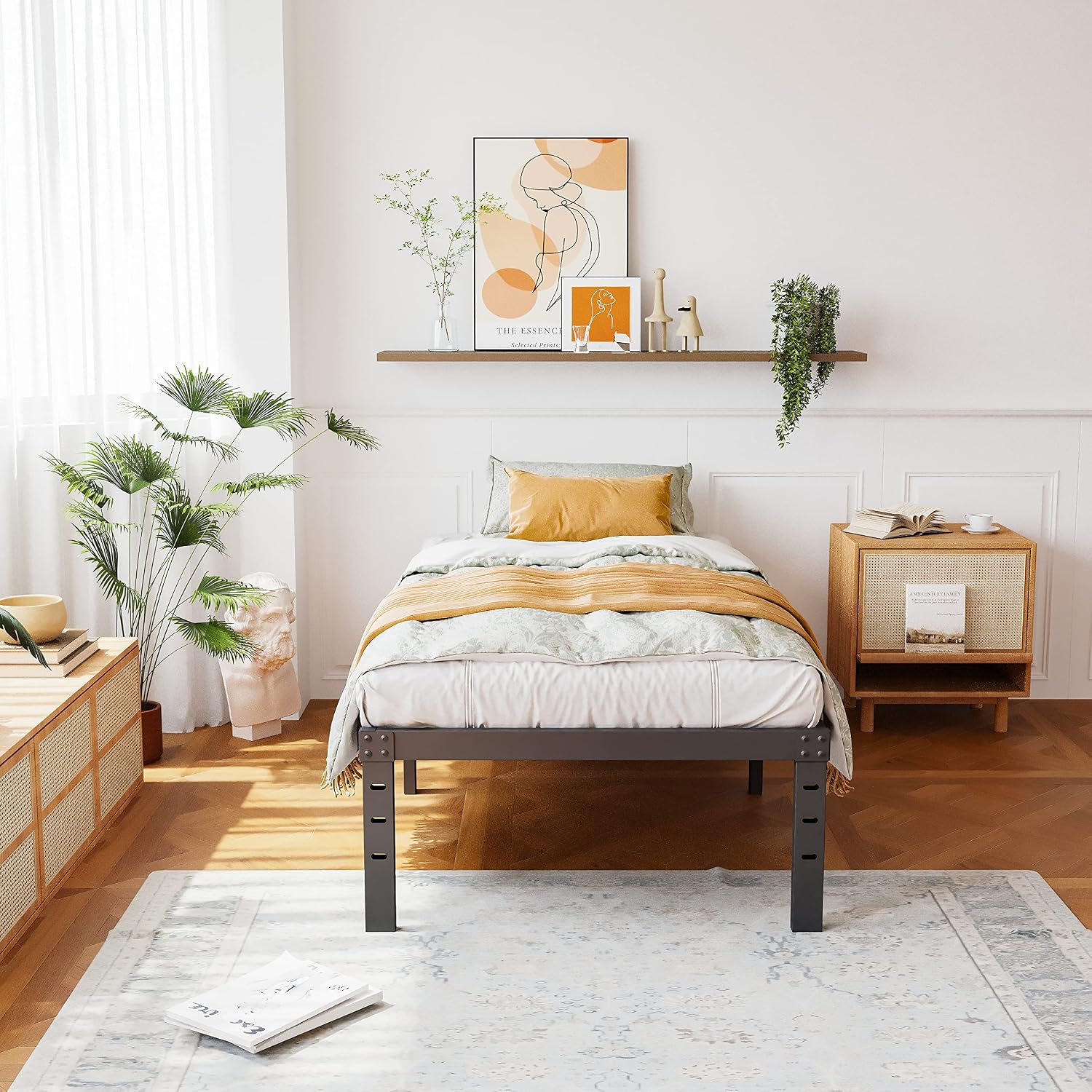 ZIYOO Twin XL Bed Frame 16 Inches Tall, 3 Inches Wide Wood Slats with 2500 Pounds Support for Foam Mattress, No Box Spring Needed, Underbed Storage Space, Easy Assembly, Noise Free