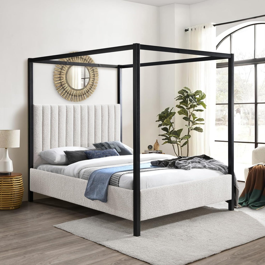 Meridian Furniture KellyCream-F Kelly Collection Modern | Contemporary Full Bed with Rich Cream Boucle Fabric, Matte Black Iron Metal Frame Canopy, 57' W x 80' D x 77' H, Cream, Full