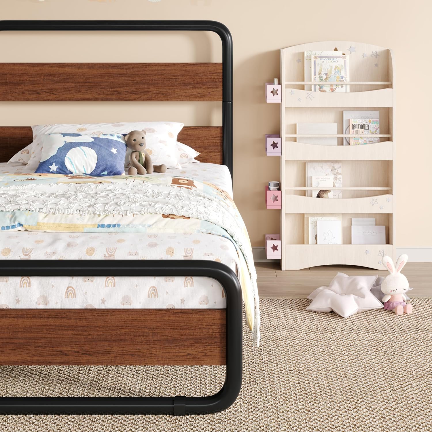 SHA CERLIN Twin Size Metal Bed Frame with Wooden Headboard and Footboard, Heavy Duty Oval-Shaped Platform Bed Frame with 10' Under-Bed Storage, Heavy Duty Slats Support, No Box Spring Needed, Walnut