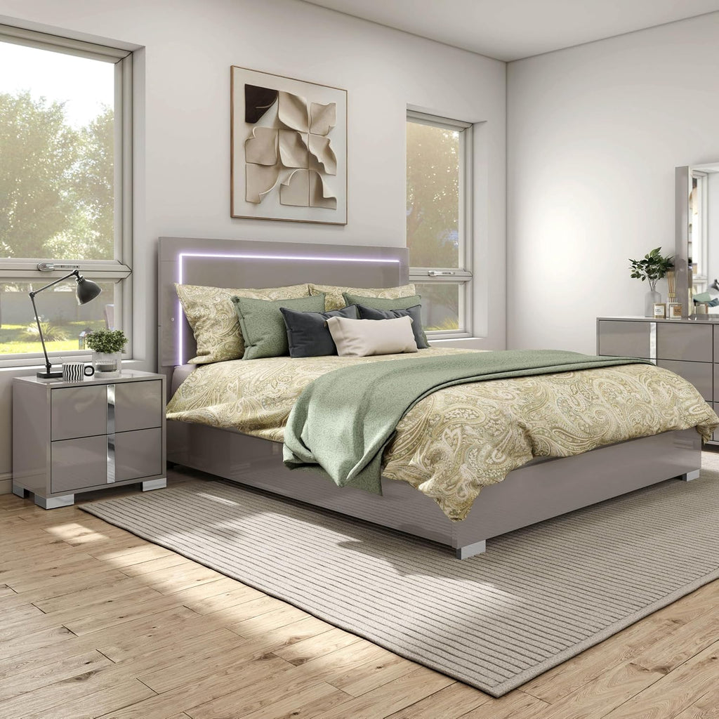 Furniture of America Alistair Modern Wood 2-Piece Bedroom Set with LED on Headboard Bed, Ball-Bearing Glides, Vertical Chrome Handles on Nightstand, Box Spring Required, King, Light Taupe