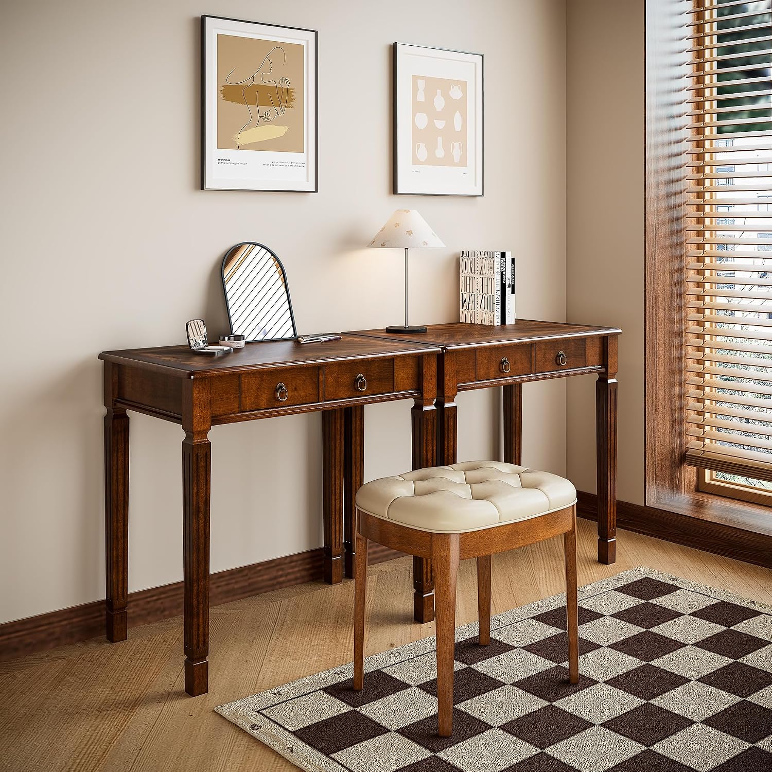 Biaco Small Wood Makeup Vanity Desk Set, Vintage Dressing Vanity Table Set with 2 Drawers & Matching Padded Bench Stool Writing Desk with Button Tufted Cushioned Stool, Cherry&Beige