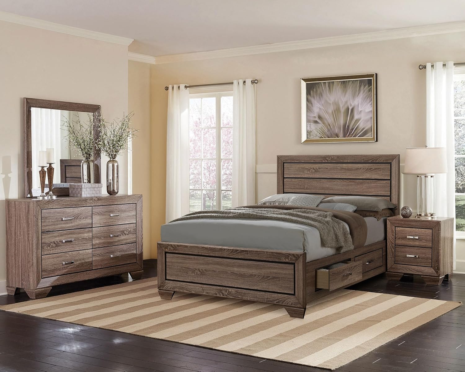 Coaster Home Furnishings Kauffman Transitional 4-Piece Bedroom Set Eastern King Size Storage Panel Bed Frame 54-inch Headboard Washed Taupe 204190KE-S4