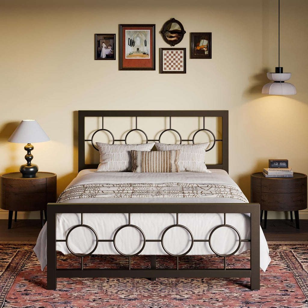 SHA CERLIN Full Size Metal Bed Frame with Vintage Circular Design Headboard and Footboard,No Box Spring Required,Easy Assembly,Noise-Free,Brown