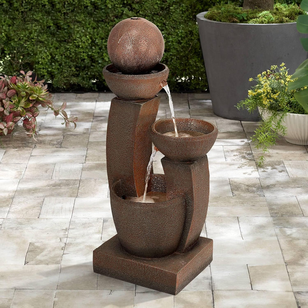 Curved Columns 31' High Large Modern Zen Indoor Outdoor Decor Faux Stone Floor Fountain with Light LED Standing Waterfall Bowl Water Feature for Outside Garden Patio Yard Backyard - John Timberland