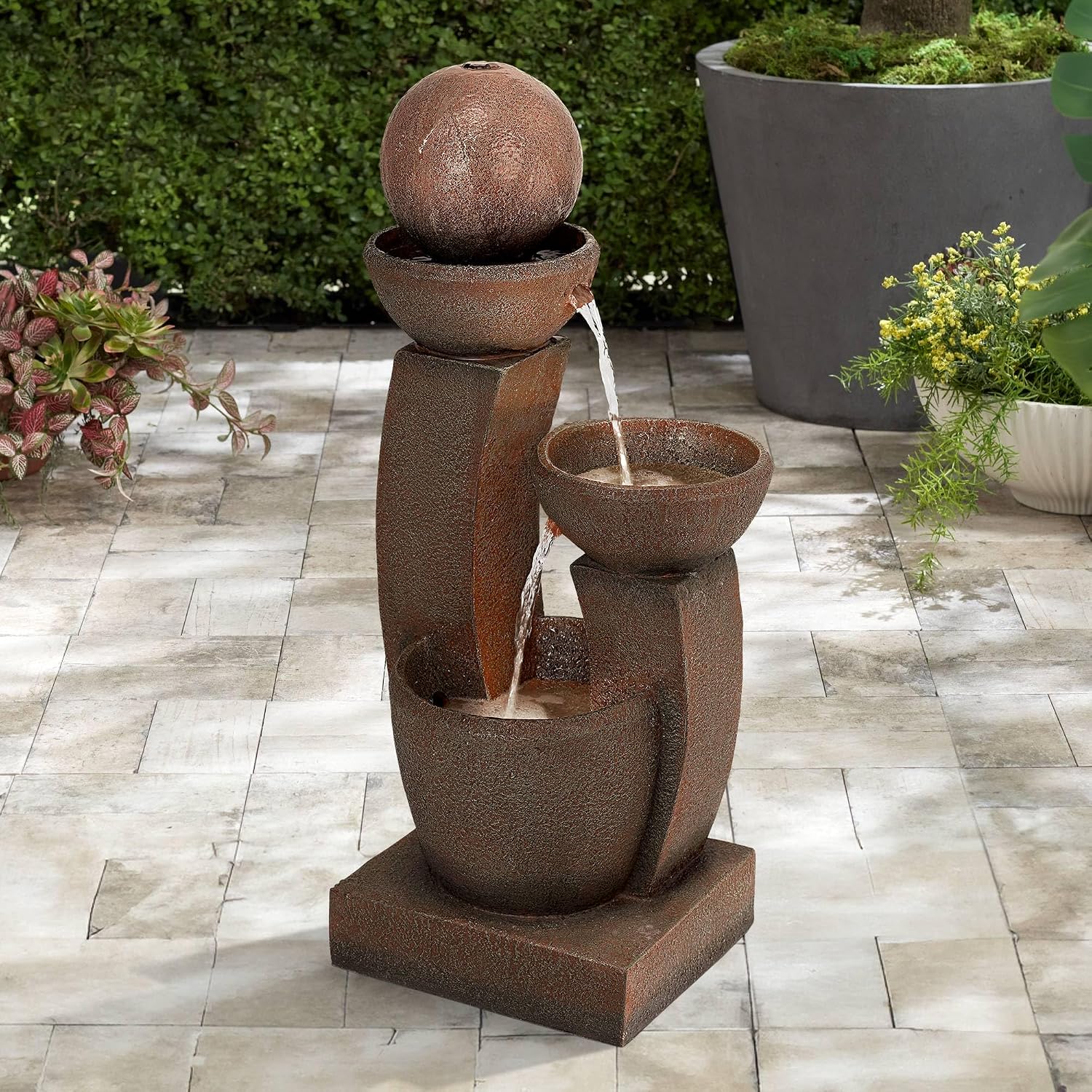 Curved Columns 31' High Large Modern Zen Indoor Outdoor Decor Faux Stone Floor Fountain with Light LED Standing Waterfall Bowl Water Feature for Outside Garden Patio Yard Backyard - John Timberland