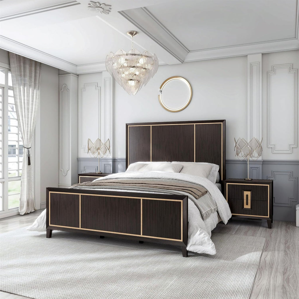 Furniture of America Samuel Modern Solid Wood 3-Piece Bedroom Collection Bed Frame and 2-Drawer Nightstands Set of 2, Box Spring Required, Espresso, King