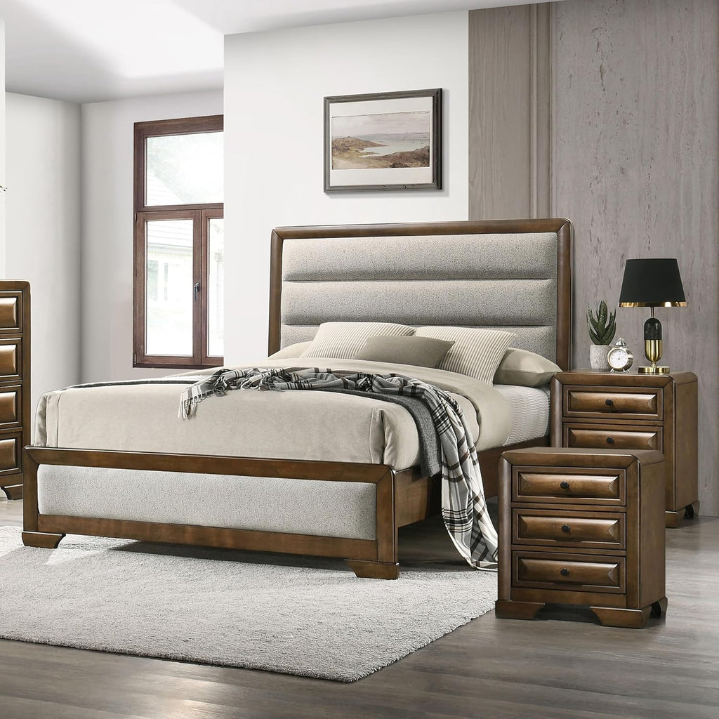 Furniture of America Johan Transitional Solid Wood 3-Piece Queen Panel Bedroom Set with 2 Nightstands, Box Spring Needed, Brown and Light Gray