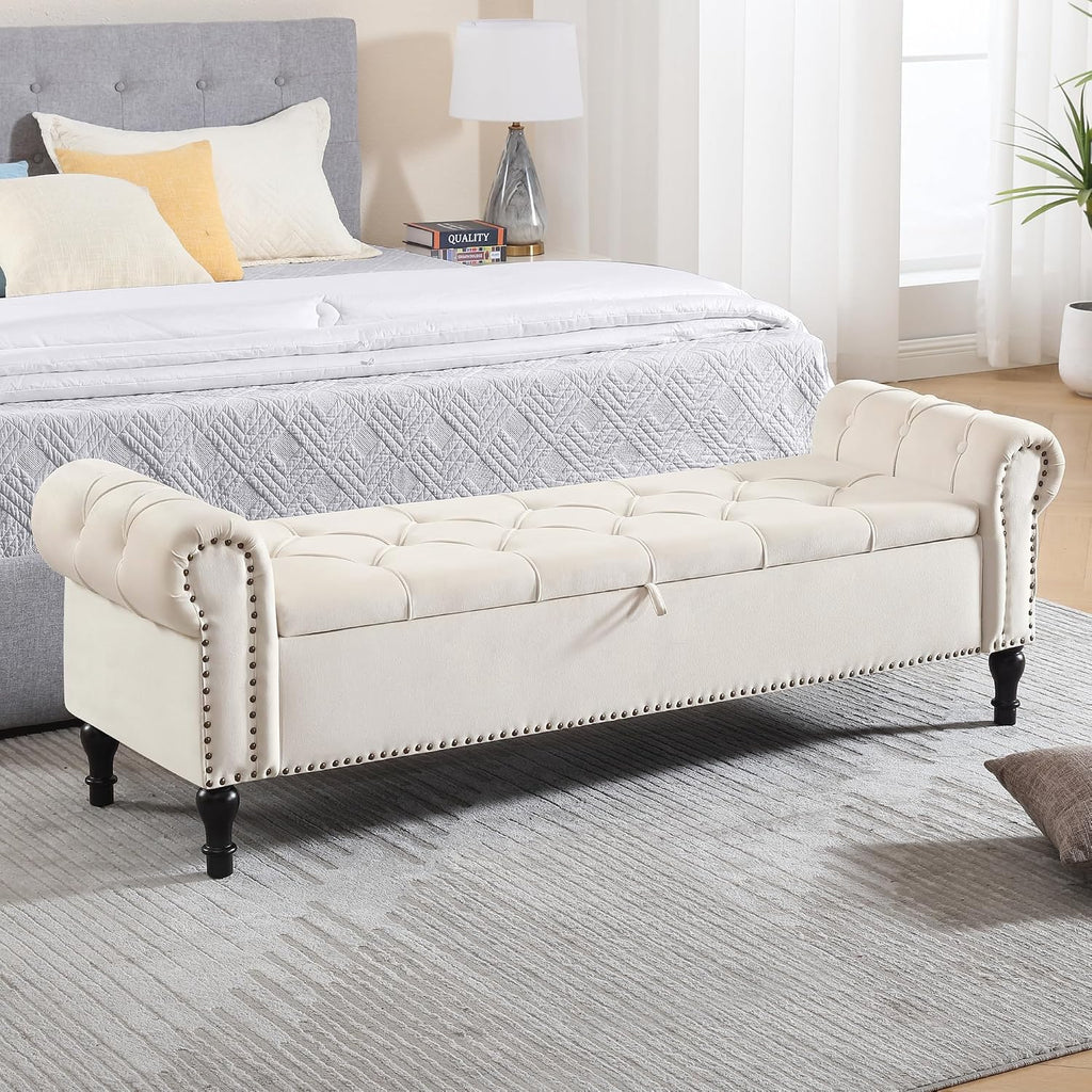 Storage Bed Bench for Bedroom, Velvet 67' End of Bed Benches, King Size Bench with Armrest, Tufted Button Upholstered Ottoman Bench for Living Room, Entryway, Cream Beige