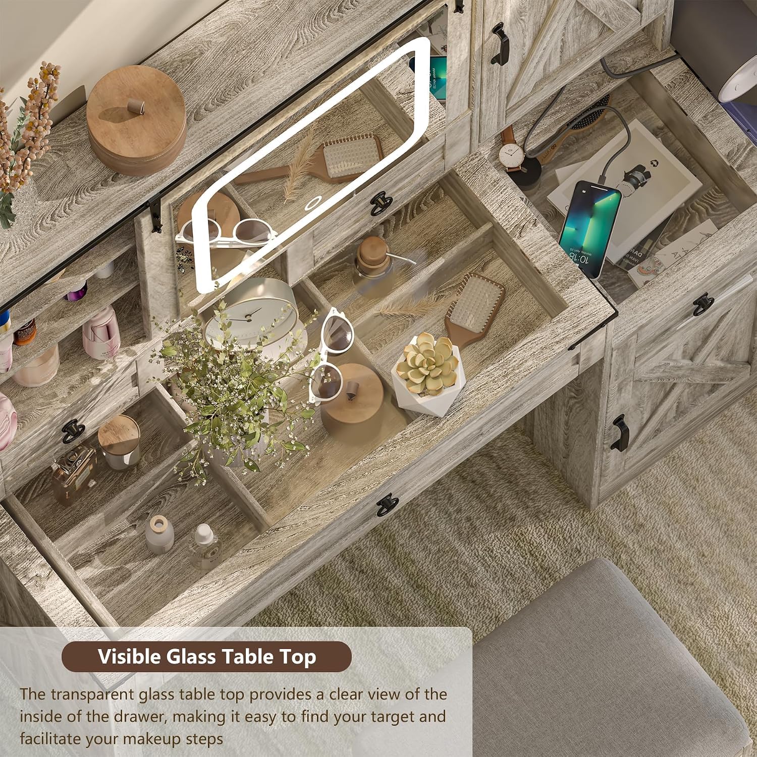 Farmhouse Vanity Desk with Mirror and Lights, 42' Makeup Vanity with Charging Station, 4 Drawers & Adjustable Shelves, Oak