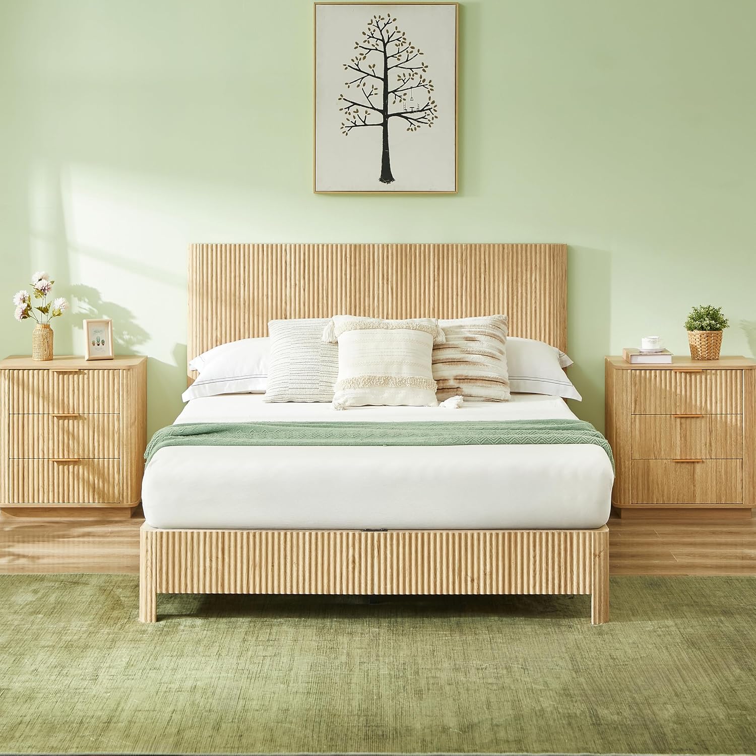 Queen Size Wood Bed Frame with Headboard, Modern Retro Oak Platform Beds Frames, Mid Century Rustic Wooden Bedroom Floor-BedFrame, No Box Spring Needed, Easy Assembly (Oak, Queen, Metal Base)