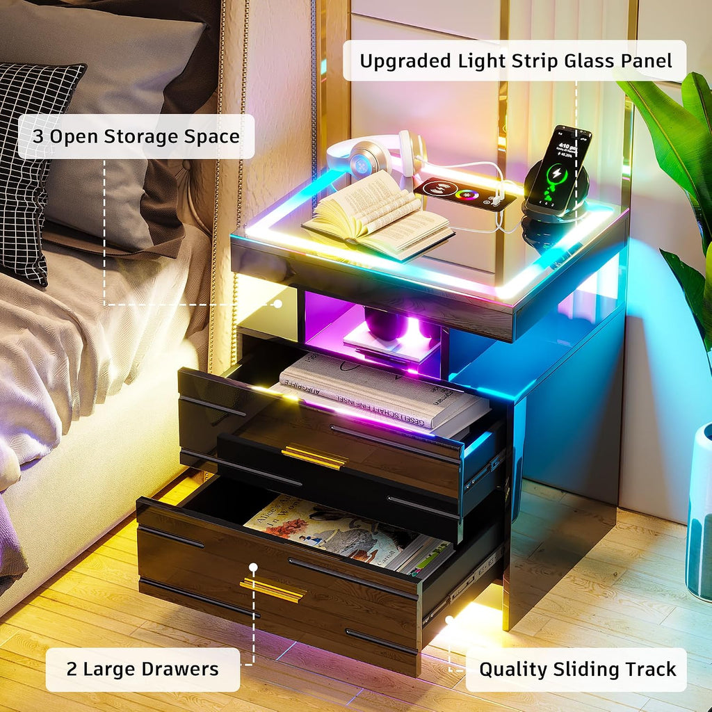 WOOVIVS Nightstand Set of 2 with RGB Lighst, LED Night Stand Set 2 with Wireless+USB+Type-C Charging Station, Smart Bedside Table with 2 Drawer,Remote,High Gloss Side Table for Bedroom -Black