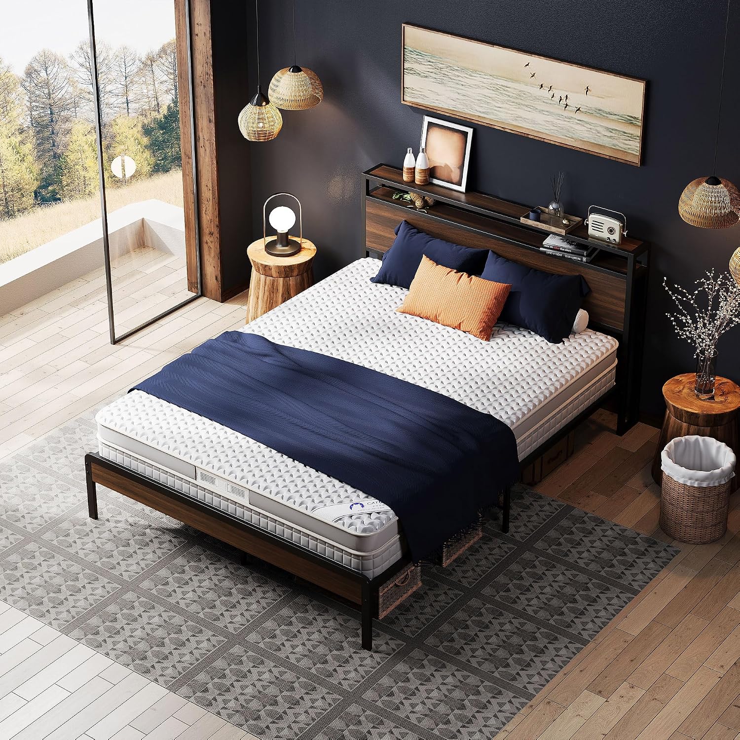 LIKIMIO Queen Bed Frame with Headboard, Dark Wood Camas Queen with Strong Supports, Sturdy, Noise-Free, No Box Spring Needed, Dark Walnut