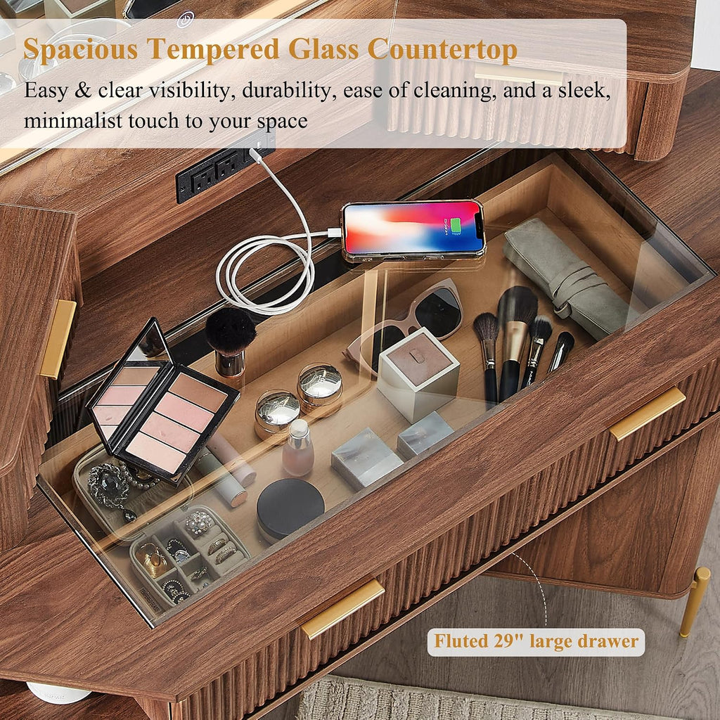 T4TREAM 48' Fluted Makeup Vanity Desk with HD Triple Mirror and Lights, Large Lighted Corner Vanity with Glass Top, Modern Dressing Table with 3 Drawers & 2 Cabinets for Bedroom, Light Walnut