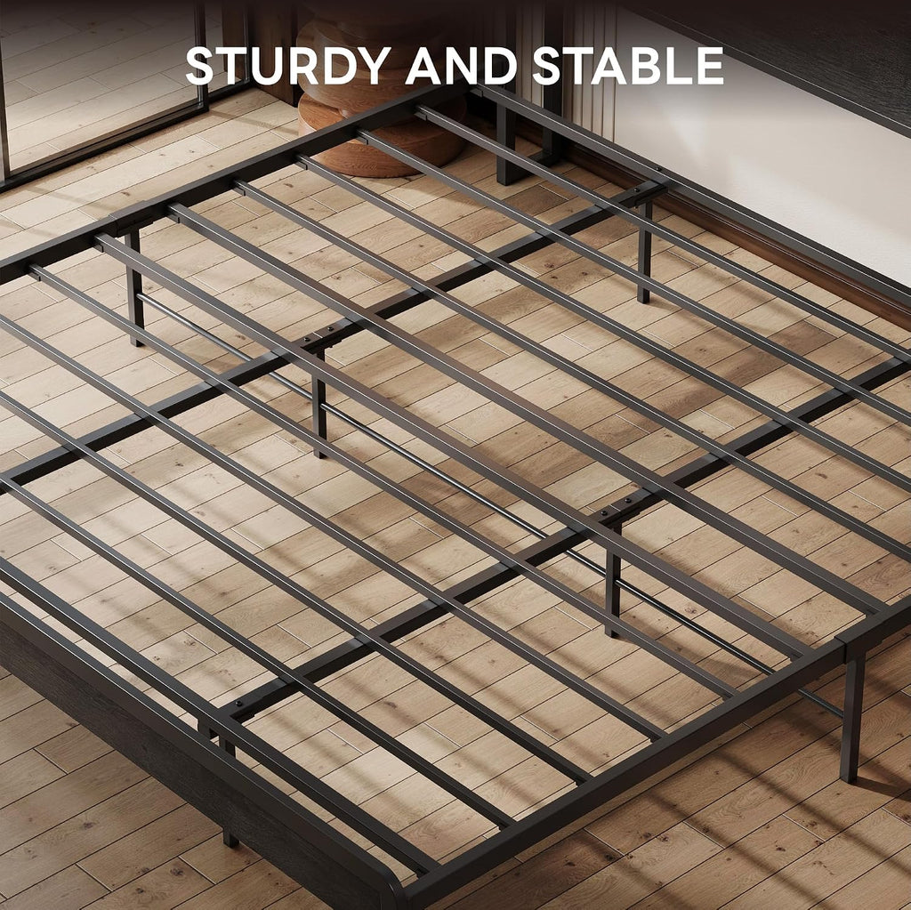 LIKIMIO King Bed Frame with Headboard, Dark Wood Camas King with Strong Supports, Sturdy, Noise-Free, No Box Spring Needed, Grey