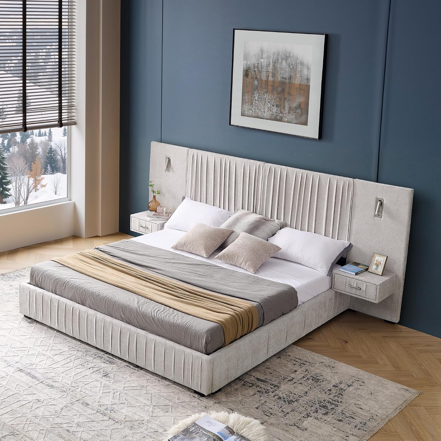 King Size Upholstered Platform Bed Frame with Headboard & Built-in Nightstand, Luxury Bed Frame for Modern Bedroom Sets, No Box Spring Needed, Stable & Adjustable Lighting(Beige)
