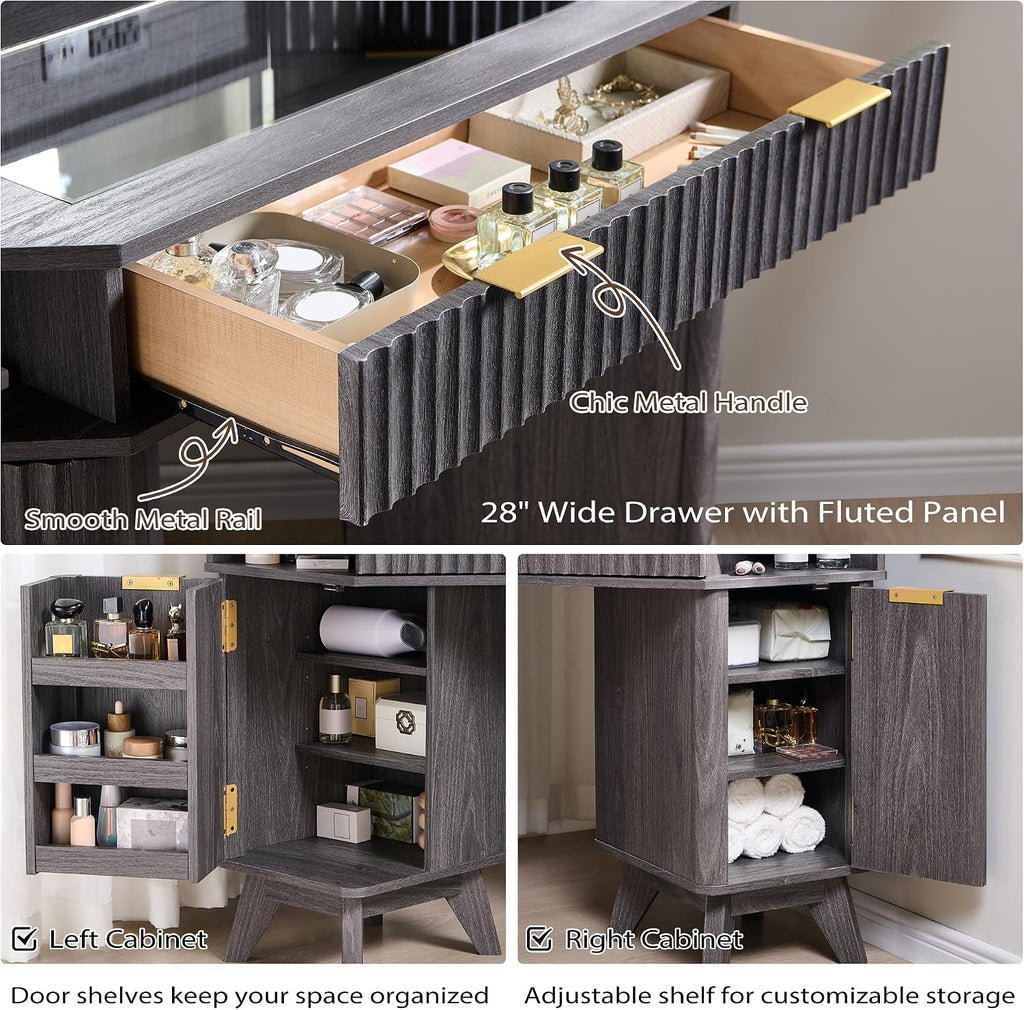T4TREAM Fluted Makeup Vanity Desk with 3 Way Mirror and Lights, 48' Large Corner Vanity Table with Glass Top, Charging Station, 3 Drawers, Storage Cabinets & Shelves, for Bedroom, Dark Alder