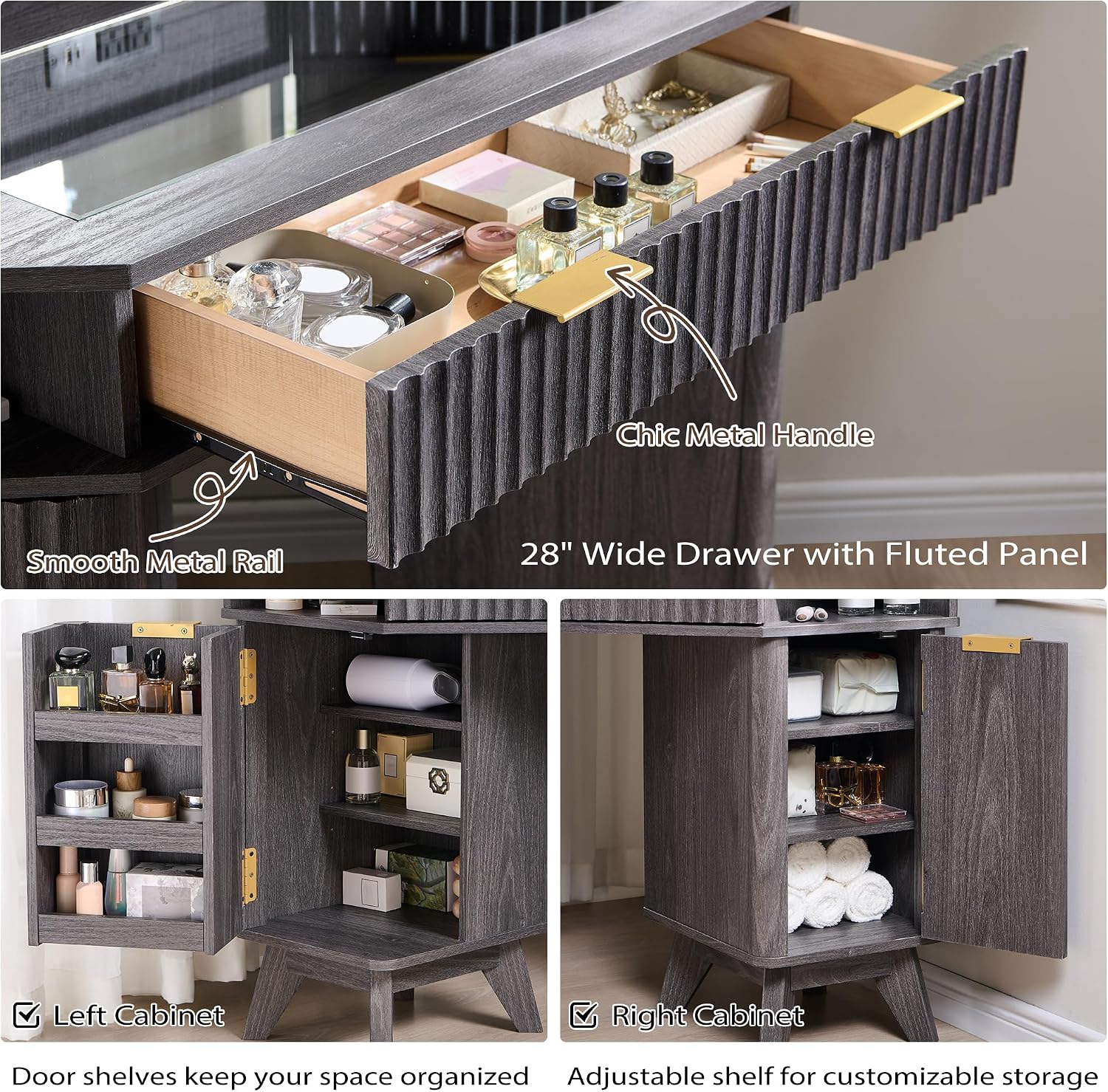 T4TREAM Fluted Makeup Vanity Desk with 3 Way Mirror and Lights, 48' Large Corner Vanity Table with Glass Top, Charging Station, 3 Drawers, Storage Cabinets & Shelves, for Bedroom, Dark Alder
