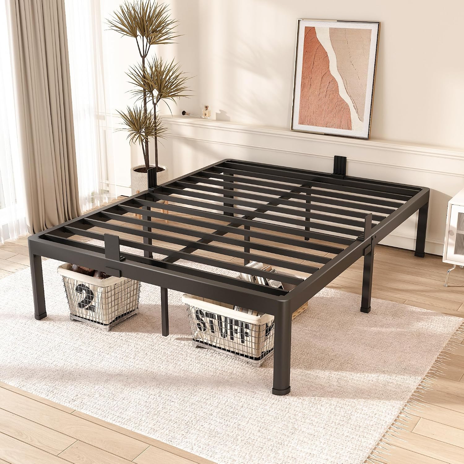 FUIOBYVV Queen Bed Frame with Round Corner Edge Legs 18 inch High 3500 lbs Heavy Duty Metal Platform Bed Frame Queen Size No Box Spring Needed/Non-Slip/Steel Slat Support/Noise Free