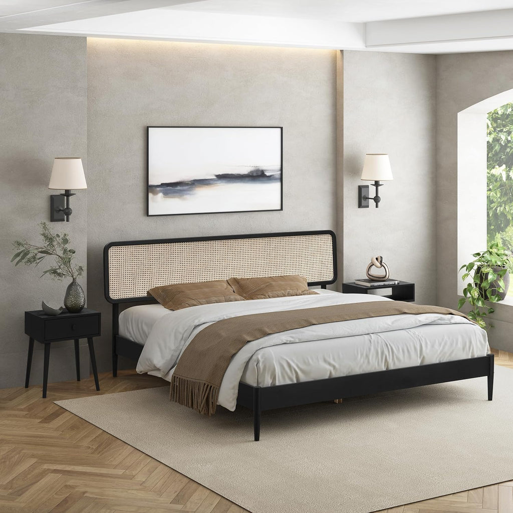 NTC Lupin Wooden Bed Frame with Headboard and Natural Rattan, Solid Oak Foundation with Silent Slats, 1000 Lb Capacity, Effortless Assembly, King - Burnt Black