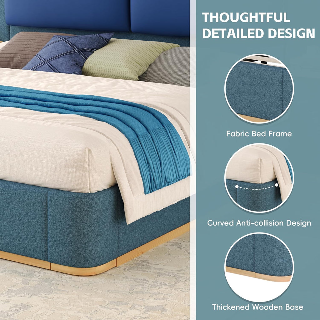 King Bed Frame with Soft Upholstered Storage Tall Headboard, King Size Floor Platform Bed Frames, Anti-Collision Curved Footboard Bedroom Sets,No Box Spring Needed (Blue, King)
