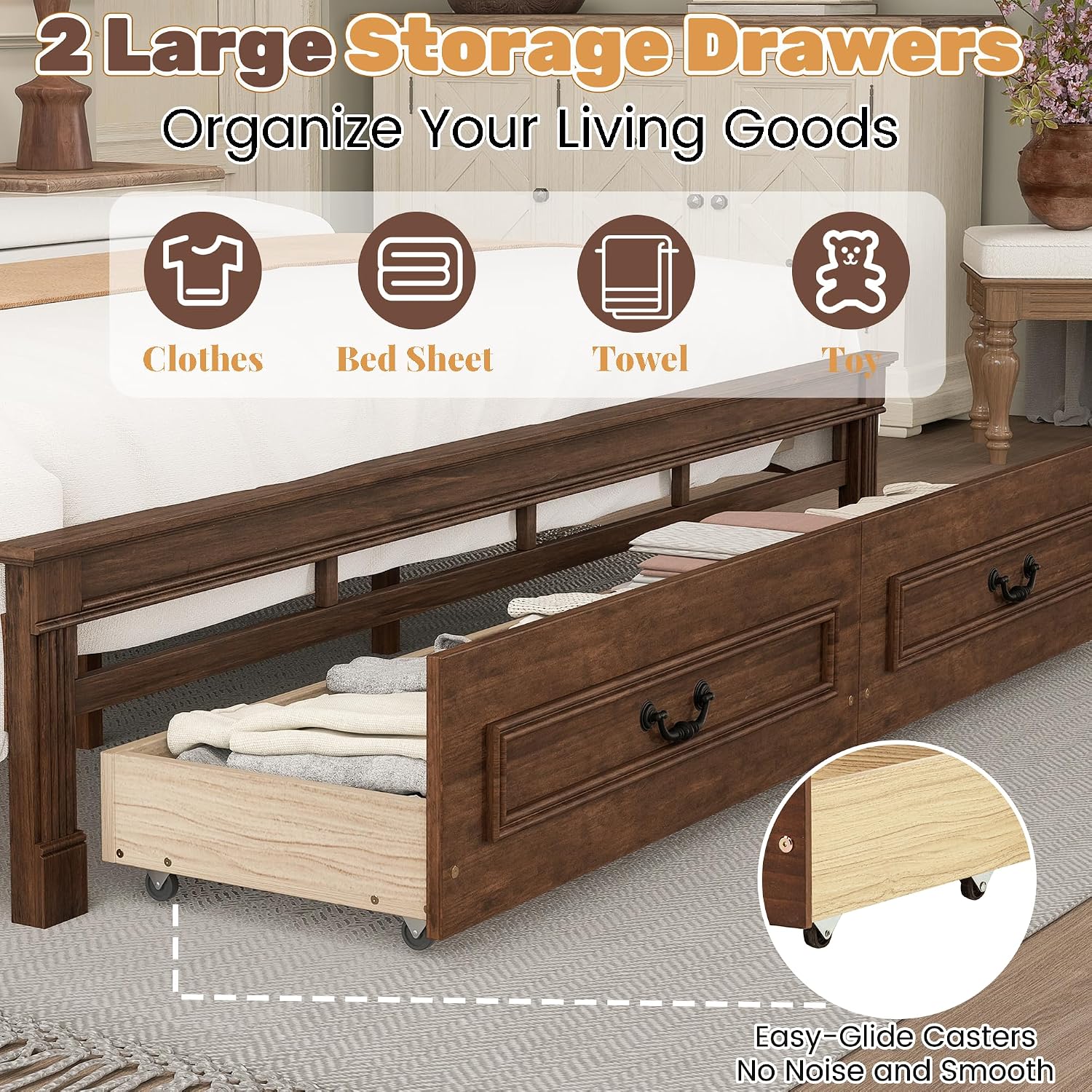 King Bed Frame with 46' Tall Headboard, Farmhouse Solid Wood King Size Platform Bed with 2 Storage Drawers,LED Lights & USB Charging Station,No Box Spring Needed, Walnut